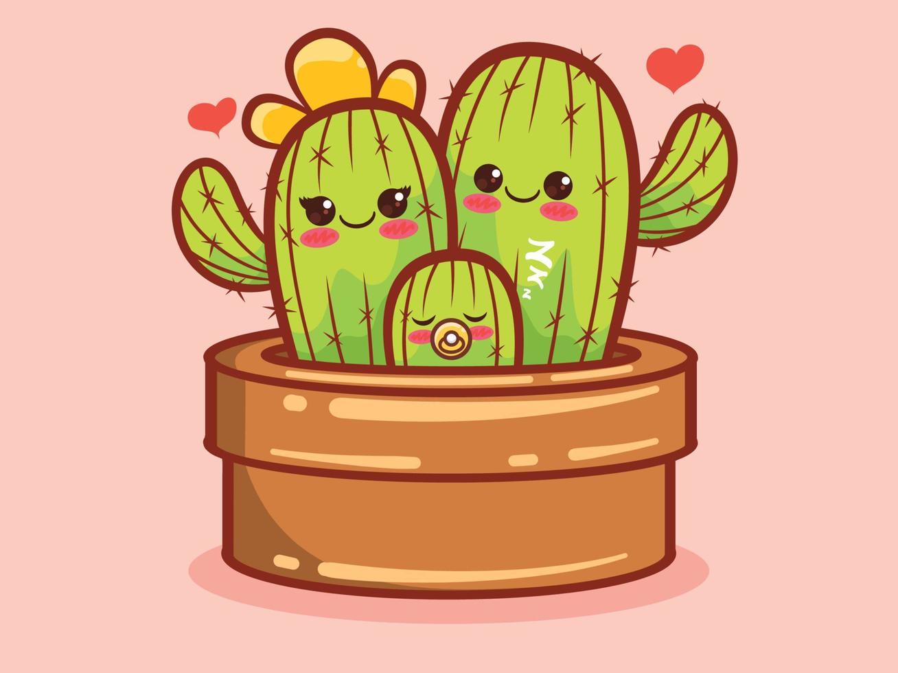 söt kaktus familj seriefigur och illustration. vektor