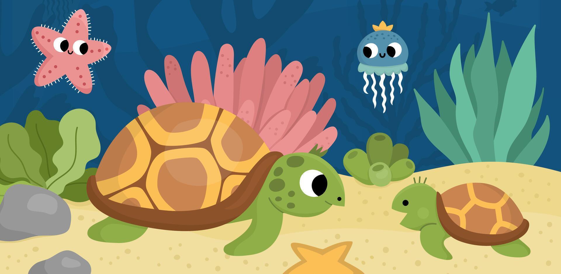 Vektor unter das Meer Landschaft Illustration mit Schildkröte und Baby. Ozean Leben Szene mit Sand, Algen, Korallen, Riffe. süß horizontal Wasser Natur Hintergrund. Wasser- Bild zum Kinder
