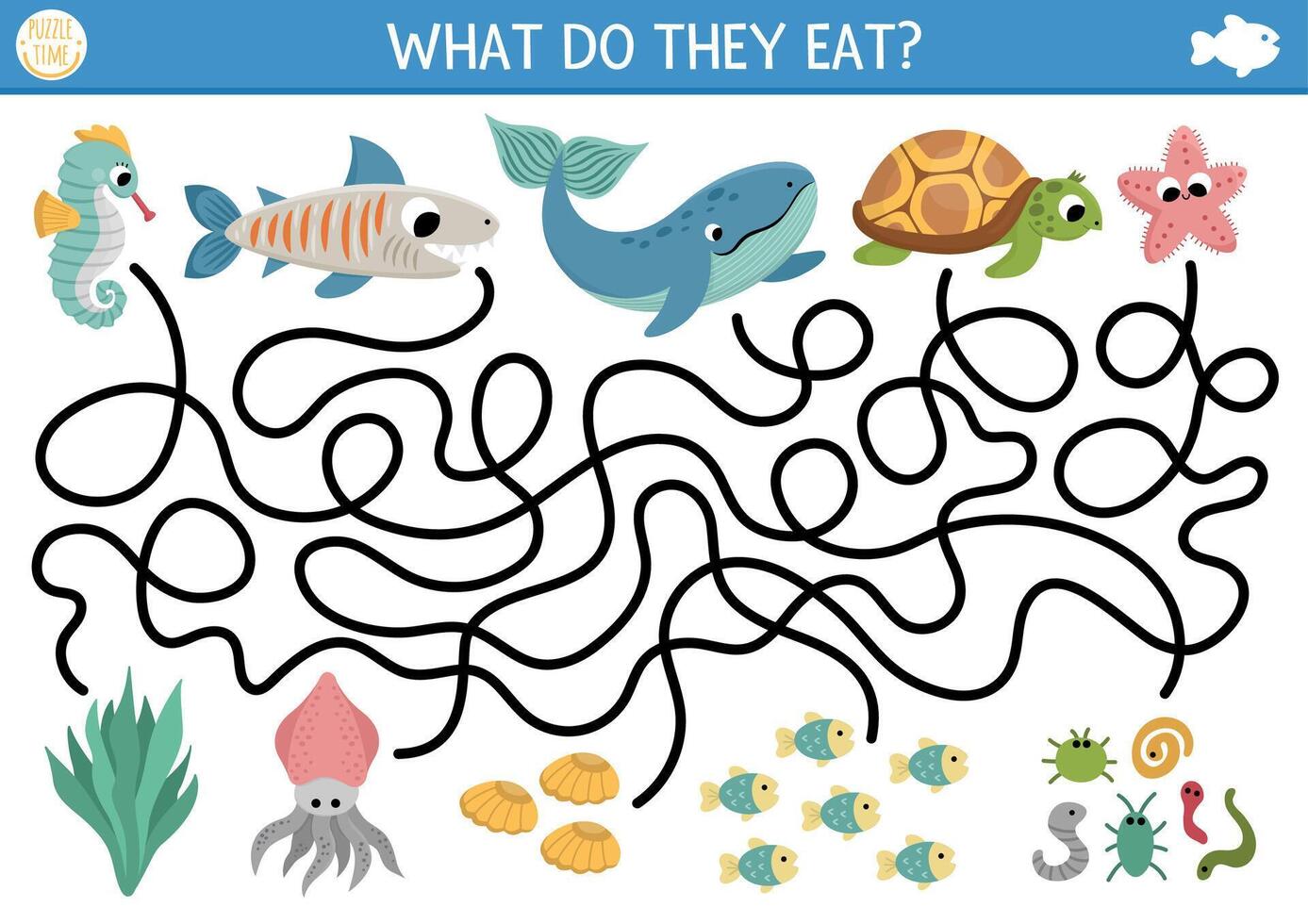 unter das Meer Matze zum Kinder mit Schildkröte, Wal, Hai, Seepferdchen, Seestern. Ozean Vorschule druckbar Aktivität mit Fisch und ihr Lebensmittel. Wasser Labyrinth Spiel oder Puzzle. Was tun Sie Essen vektor