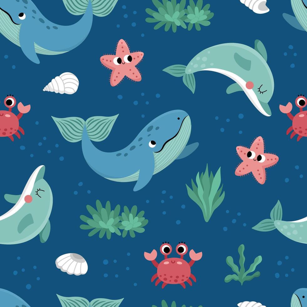 vektor under de hav sömlös mönster. upprepa bakgrund med delfin, val, stjärna, krabba, sjögräs. hav liv digital papper. rolig vatten djur och ogräs illustration med söt fisk