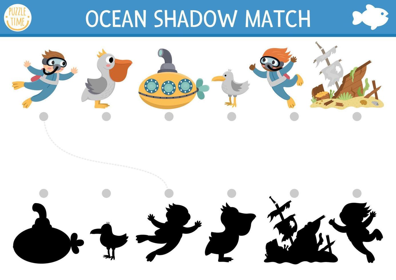 unter das Meer Schatten passend Aktivität. Ozean Puzzle mit süß Taucher, U-Boot, Pelikan, zerstört Schiff, Möwe. finden richtig Silhouette druckbar Arbeitsblatt oder Spiel. Wasser Tiere Seite zum Kinder vektor