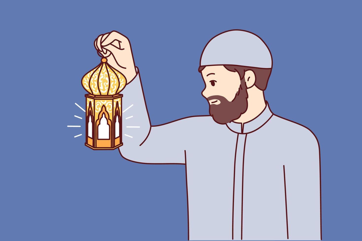 Muslim Mann hält Arabisch Laterne, leuchten Weg beim Nacht zu ausführen iftar und beobachten schnell vektor