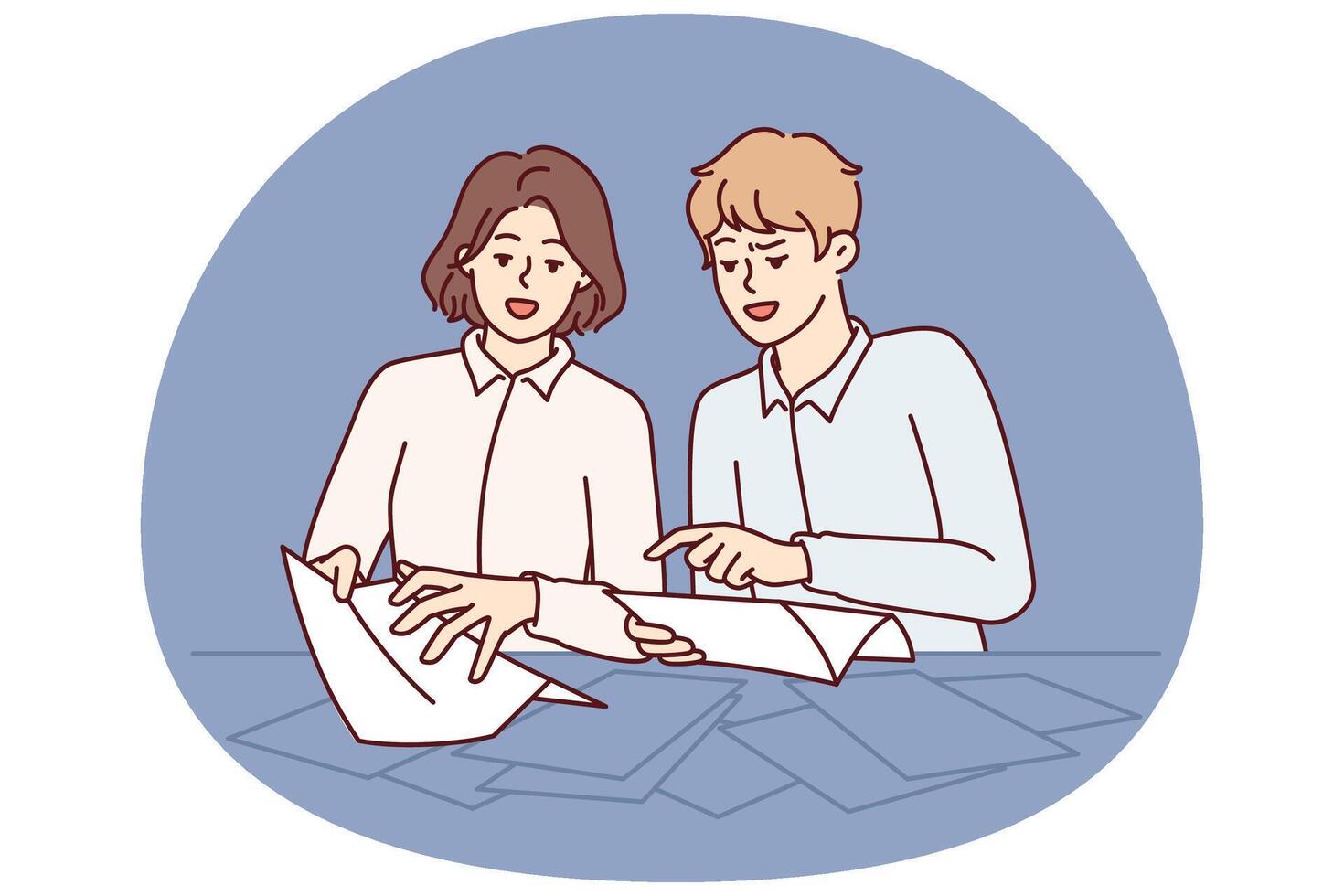 man och kvinna är stående nära skrivbord sortering genom företag dokument och beskatta lägga märke till vektor