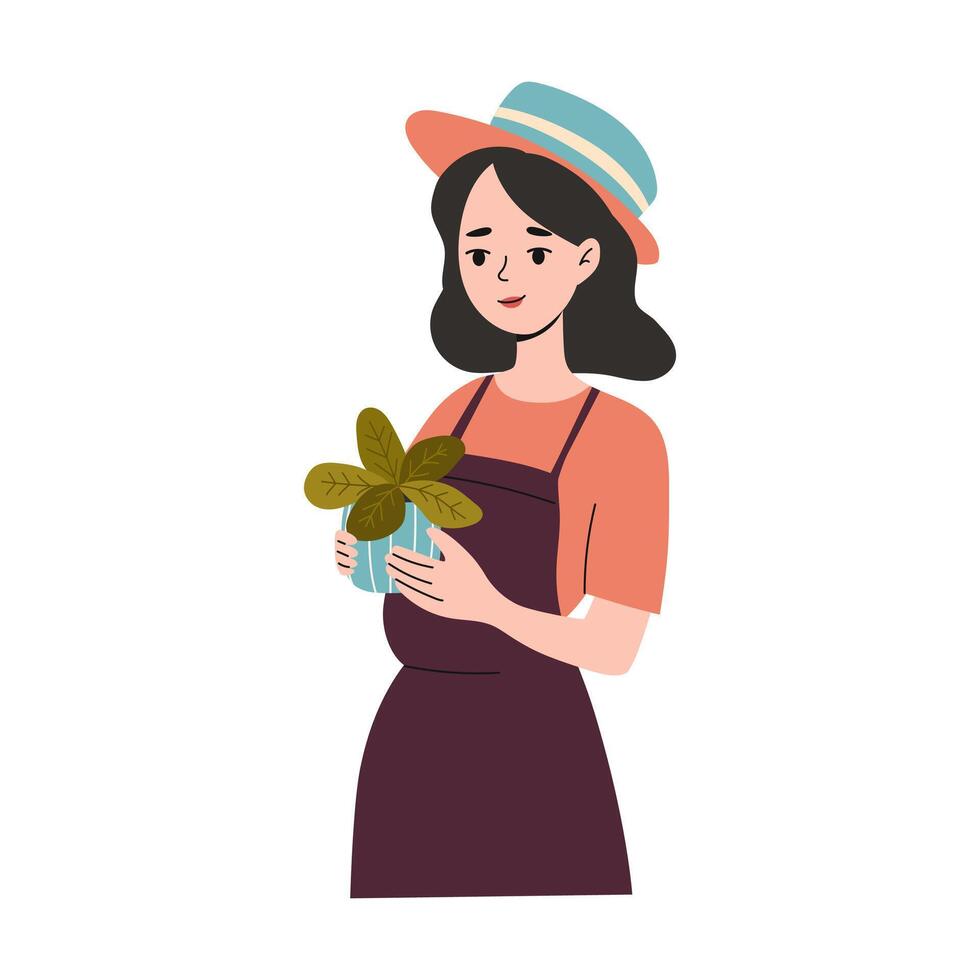 Frau im Schürze und Hut mit ein Blume Topf im ihr Hände. städtisch Gartenarbeit. Vektor Illustration.
