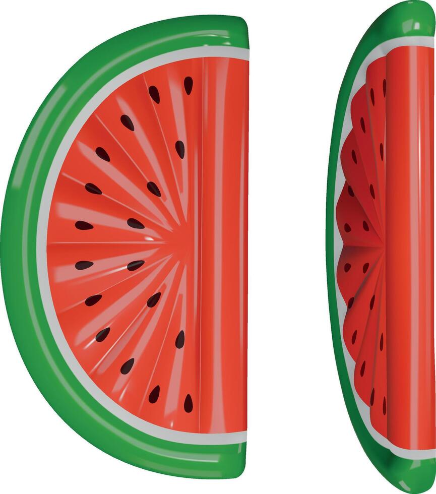 Wassermelone Schwimmbad schweben. Wassermelone geformt Schwimmbad Floß. isoliert aufblasbar Matratze oben und Seite Aussicht vektor