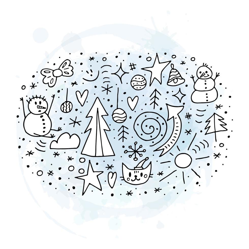 eine Reihe von Doodle-Elementen. Winter 2022. handgezeichnete Winterobjekte auf blauem Aquarellhintergrund. vektor