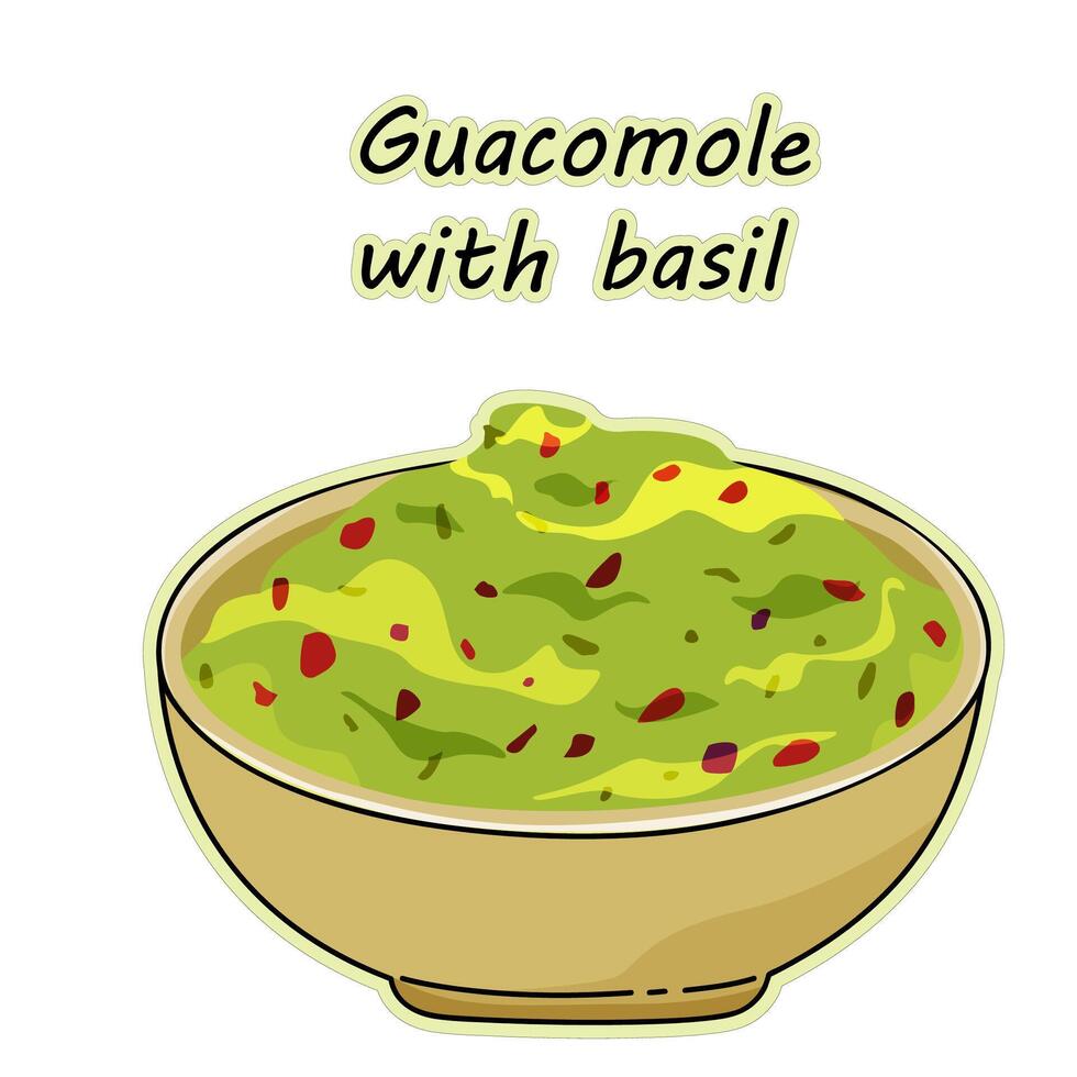 skål av guacomole med basilika. en typ av guacomole. hand dragen klistermärke tallrik av guacamole, vektor illustration i klotter stil