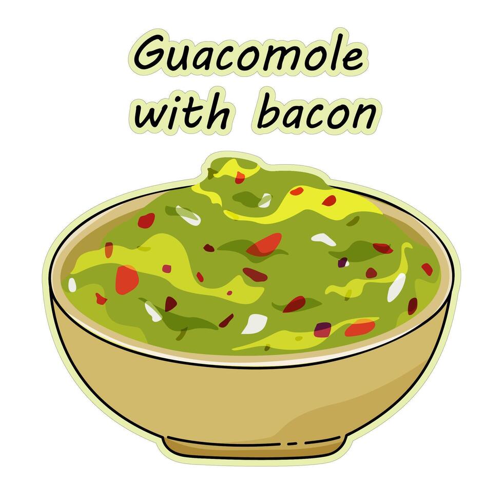 Schüssel von Guacamole mit Speck. Speck Guacamole Aufkleber, Hand gezeichnet, Vektor Illustration im Gekritzel Stil.