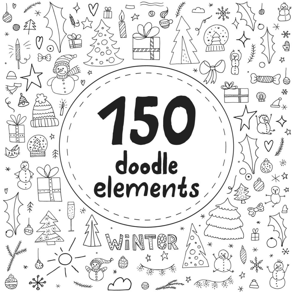 uppsättning av 150 vinter doodle element. handritade föremål på vit bakgrund med en plats för texten i form av en cirkel. god jul och gott nytt år 2022. vektor