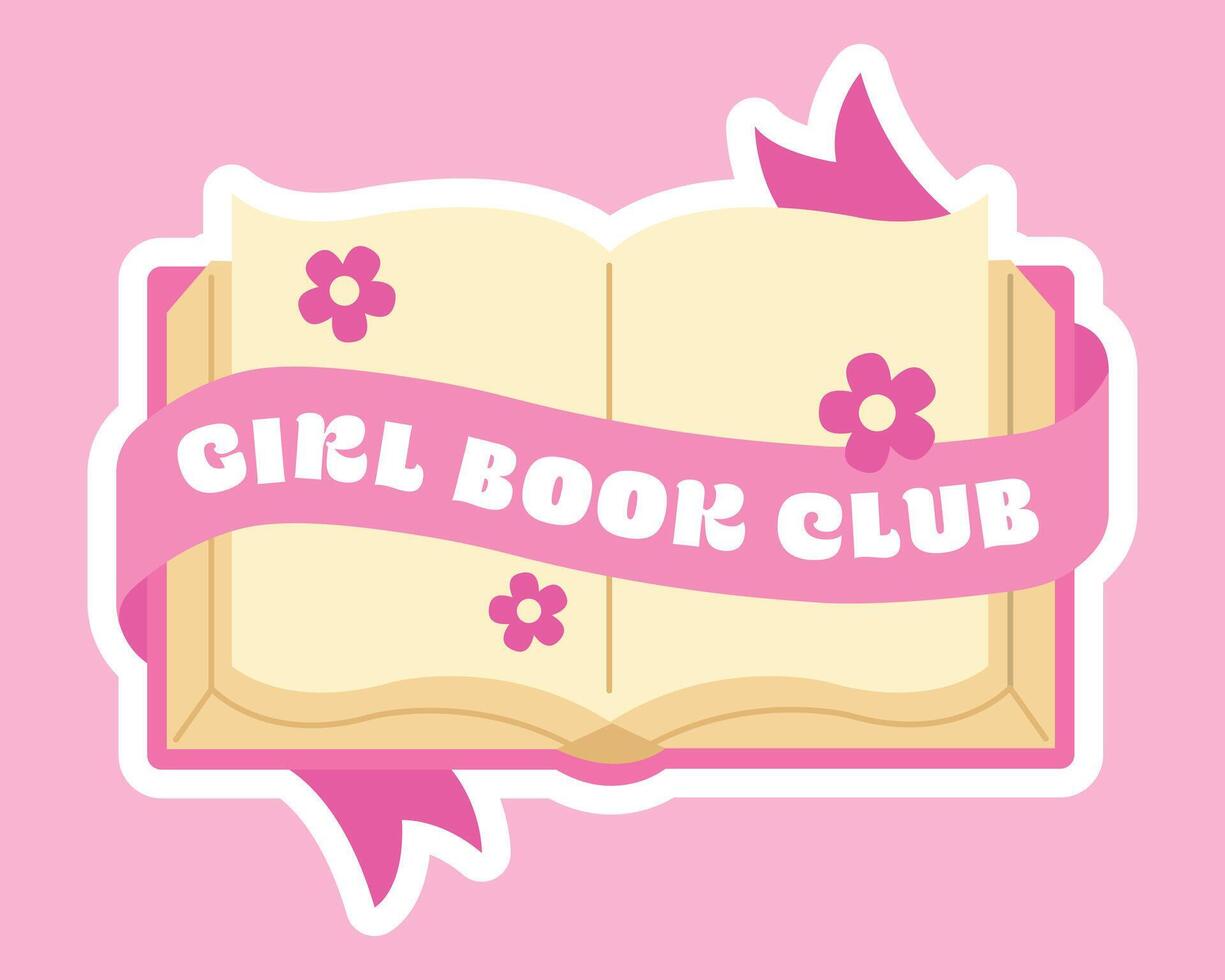 retro räffla klistermärke, lappa. flicka bok klubb inskrift. rosa färger, platt stil. söt vektor illustration i flicka kraft estetisk