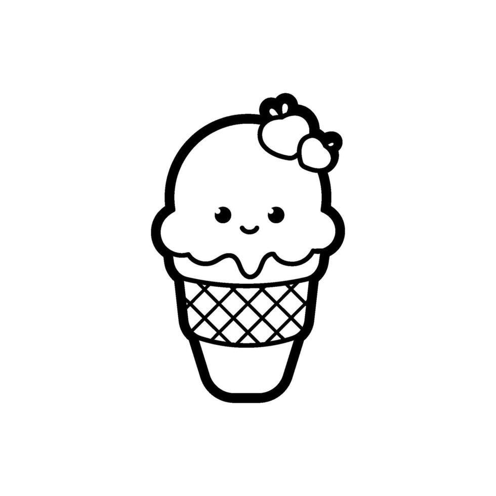 Eis Sahne Dessert kawaii im ein Waffel Tasse, schwarz Umriss, Vektor Illustration im Gekritzel Stil.