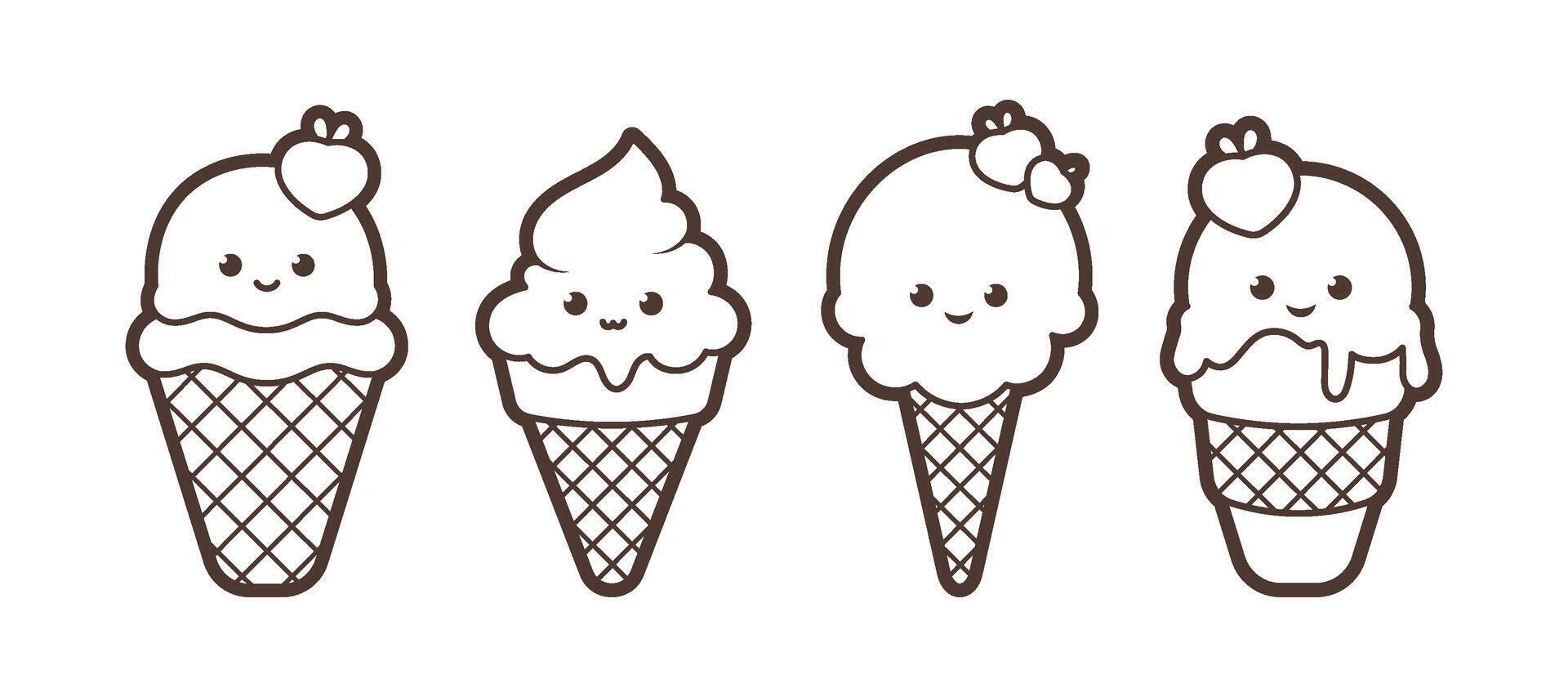 kawaii Eis Sahne Dessert im ein Waffel Tasse, schwarz Umriss, Vektor Illustration im Karikatur Stil. Vektor Illustration