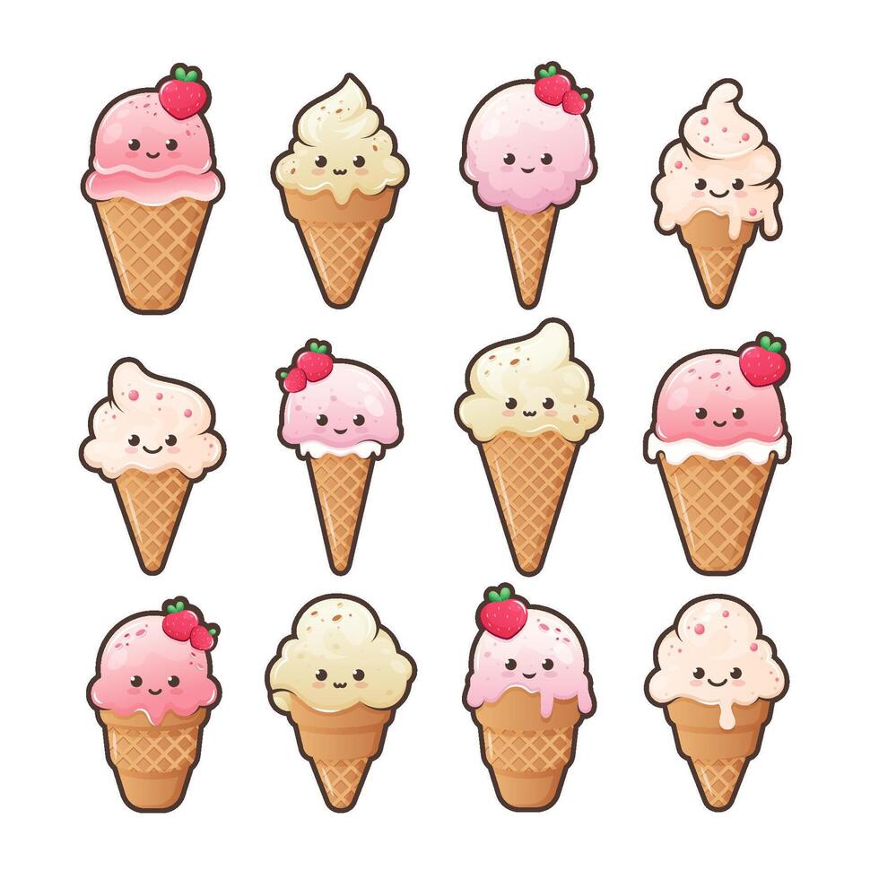 süß Karikatur Eis mit komisch Gesicht. kawaii Eis Sahne im Waffel Kegel. Süss Essen Emoji Satz. Sommer- Dessert Vektor Illustration