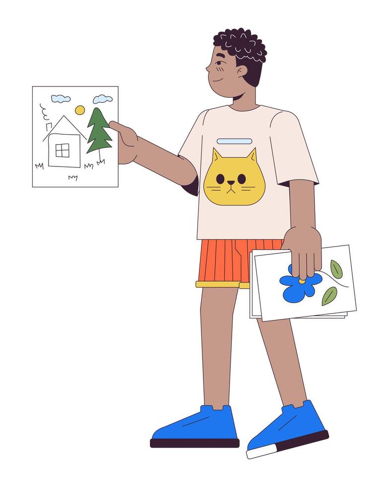 liten svart pojke som visar hus målning 2d linjär tecknad serie karaktär. skol innehav ritad för hand bild isolerat linje vektor person vit bakgrund. kreativitet Färg platt fläck illustration