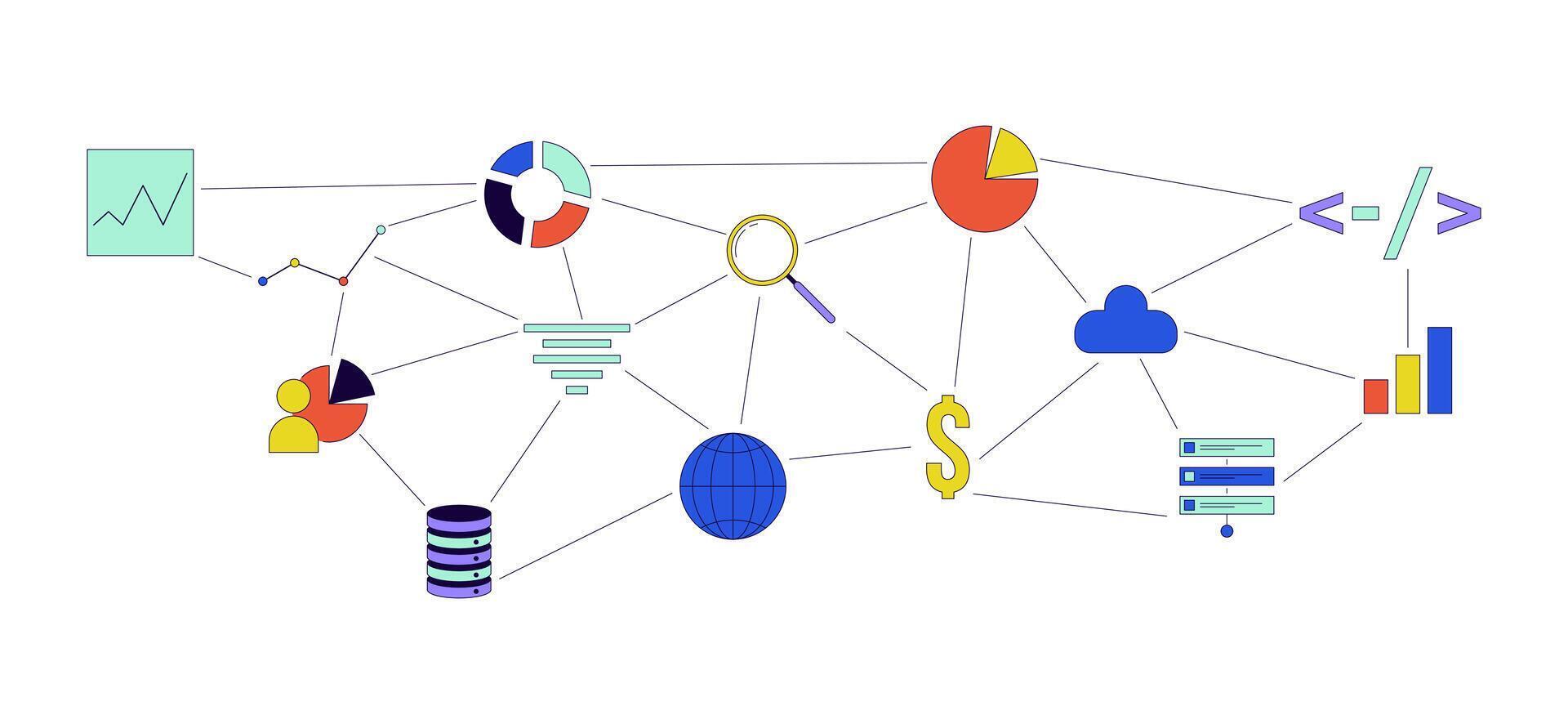 Analytik Datenbank Verwaltung 2d linear Karikatur Objekt. Programmierung, Diagramm Graph, Wolke Technologie isoliert Linie Vektor Element Weiß Hintergrund. in Verbindung gebracht Daten Analyse Farbe eben Stelle Illustration