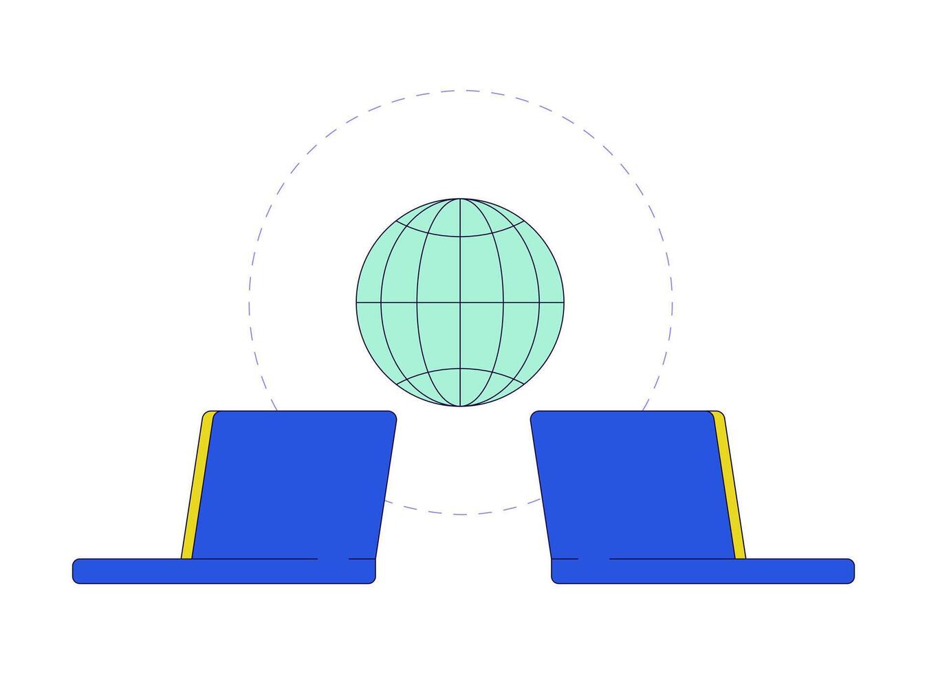 global Daten Transfer Laptops 2d linear Karikatur Objekt. International Information Austausch Notizbücher isoliert Linie Vektor Element Weiß Hintergrund. in Verbindung gebracht Geräte Farbe eben Stelle Illustration