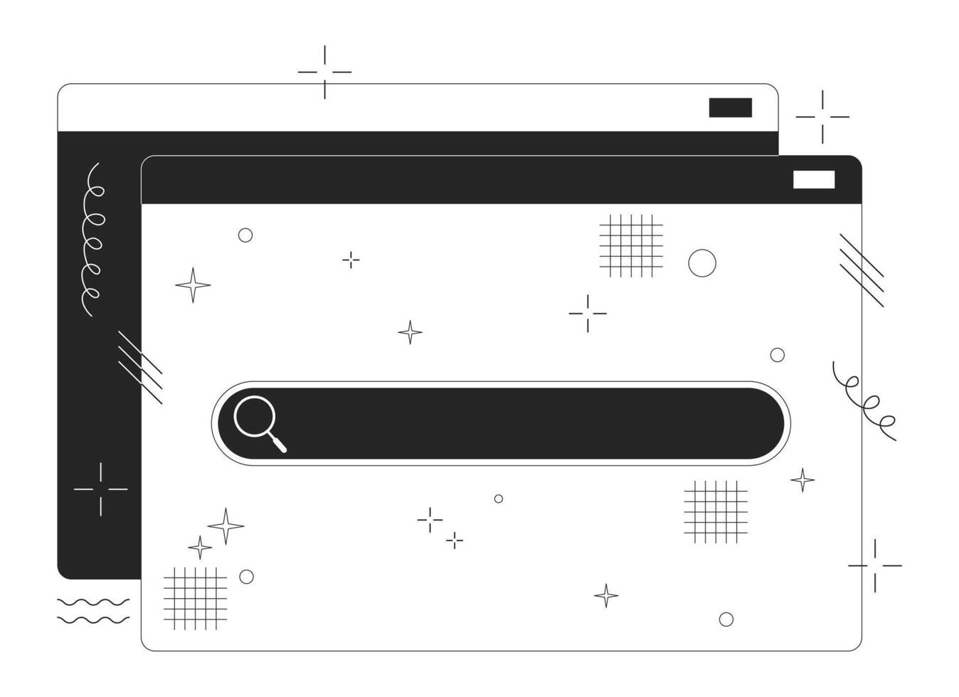 Netz Werkzeuge zum Daten suchen schwarz und Weiß 2d Linie Karikatur Objekte. Information Surfen isoliert Linie Vektor Element Weiß Hintergrund. ui Design Entwicklung monochromatisch eben Stelle Illustration