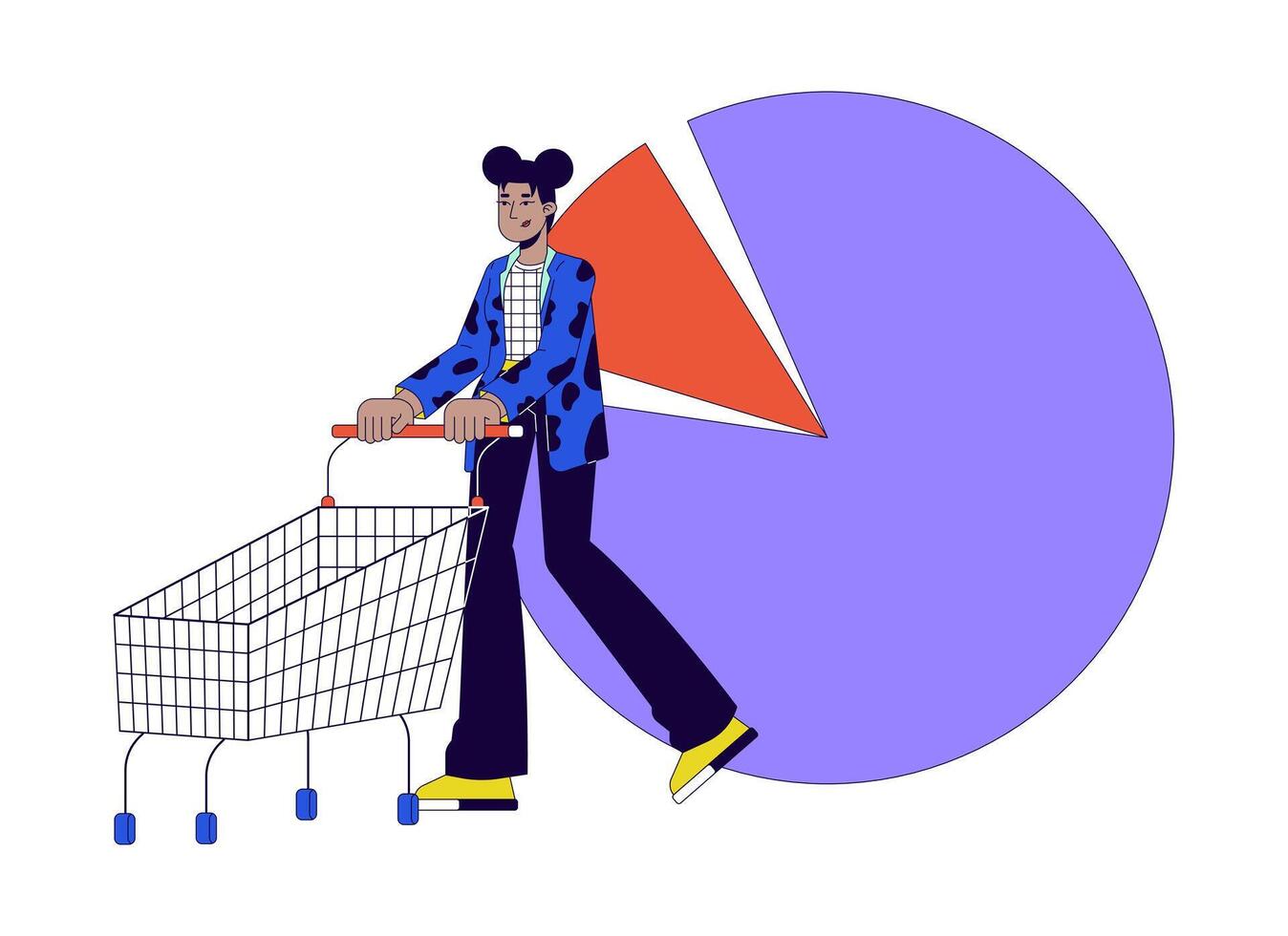 E-Commerce Kunde Analytik 2d linear Karikatur Charakter. schwarz weiblich Käufer Bericht Kuchen Diagramm isoliert Linie Vektor Person Weiß Hintergrund. Kuchendiagramm Wagen Verbraucher Farbe eben Stelle Illustration