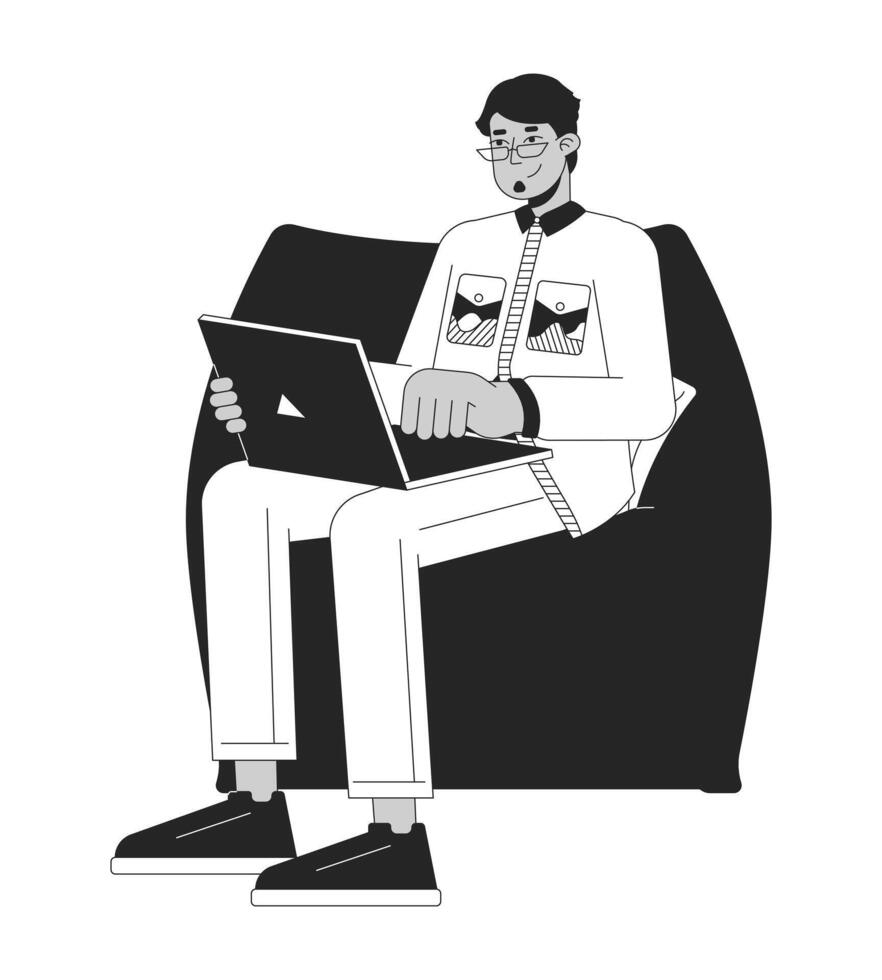 arabisch männlich mit Laptop Sitzung im Sitzsack Stuhl schwarz und Weiß 2d Linie Karikatur Charakter. Mann Arbeiten auf Computer isoliert Vektor Gliederung Person. komfortabel Arbeit monochromatisch eben Stelle Illustration