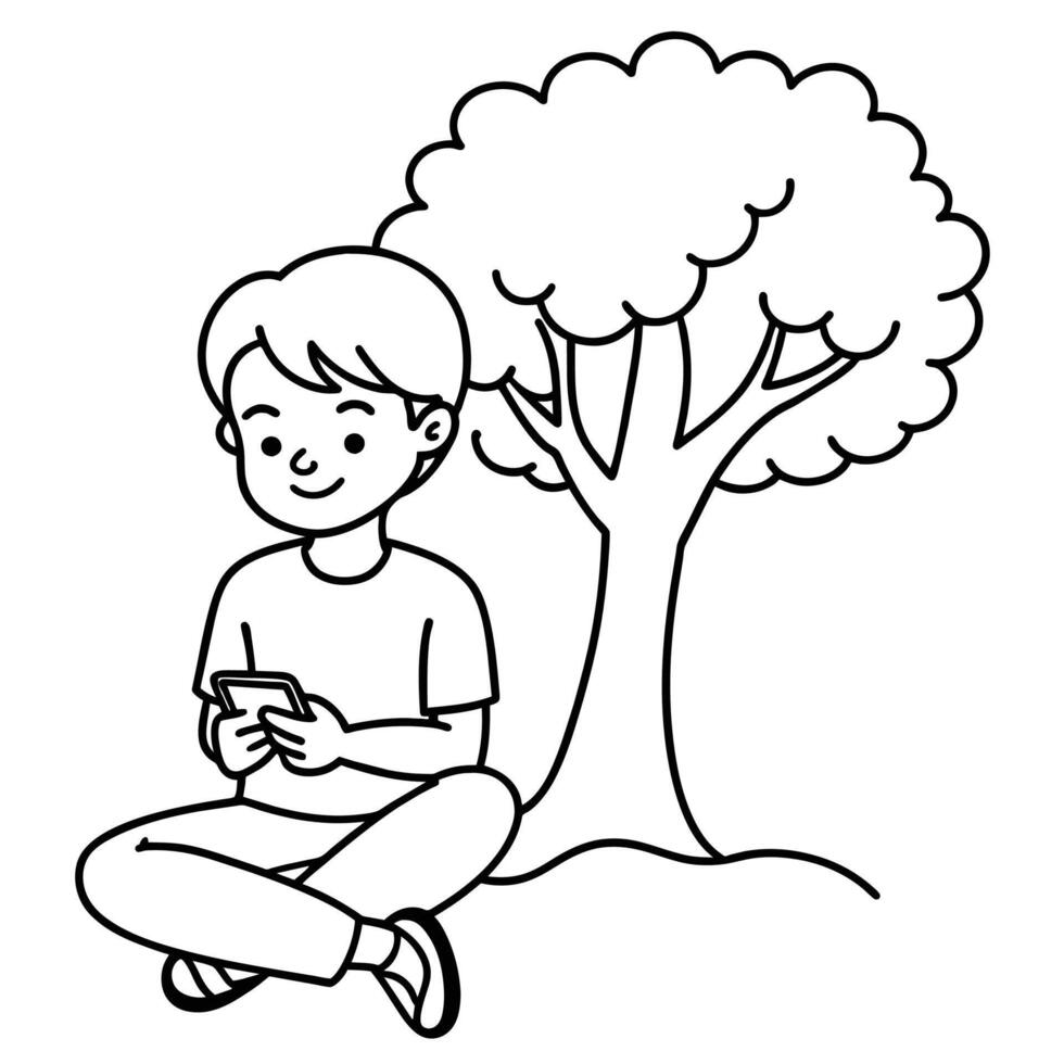 en söt pojke använder sig av mobil telefon Sammanträde under en träd vektor