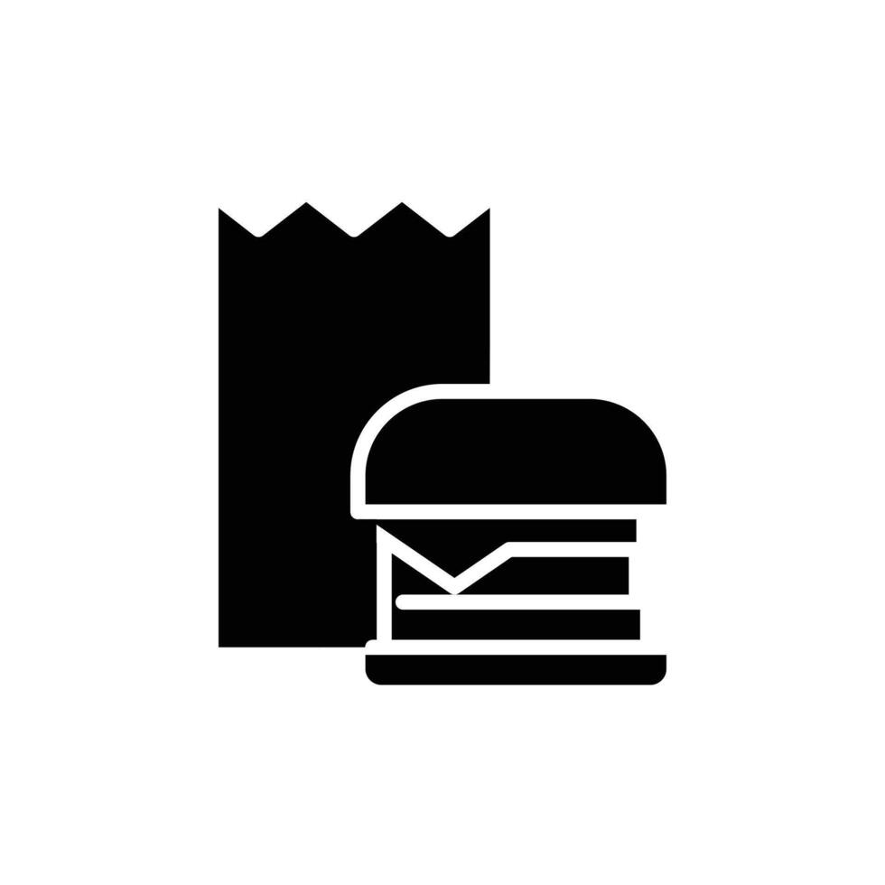 papper väska med burger fast svart ikon vektor design