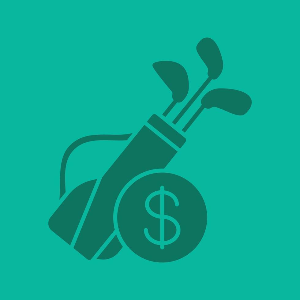 golfutrustning butik glyf färgikon. siluett symbol. golfbag med klubbor och dollartecken. negativt utrymme. vektor isolerade illustration