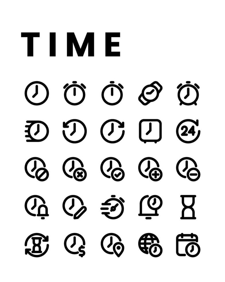 Zeit Symbol Sammlungen im Linie Stil, einschließlich betrachten, Stunde, Uhr, Alarm, Timer, Geschichte, Zeitplan und andere. vektor