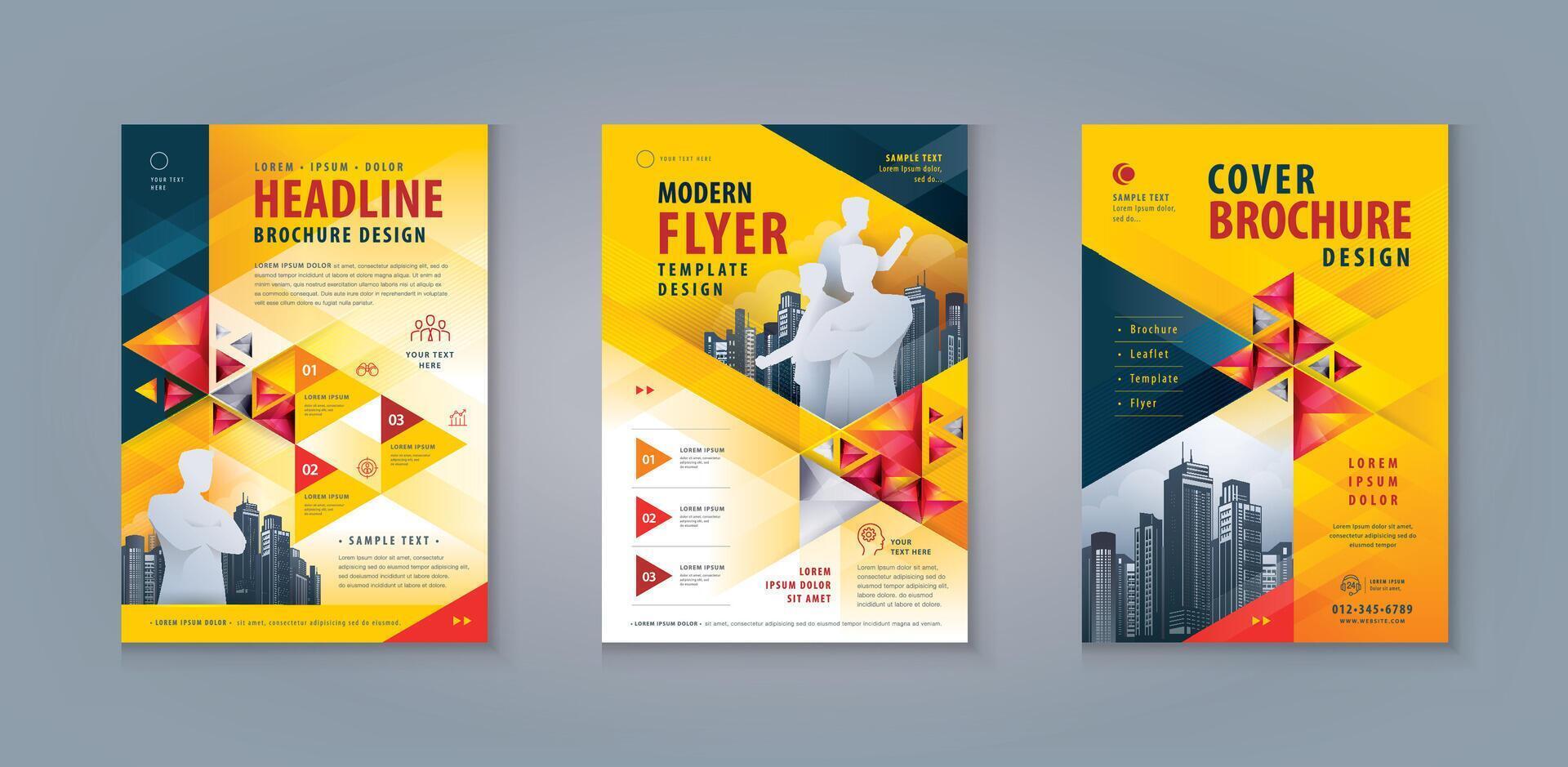 företags- bok omslag design mall, företag folder broschyr flygblad a4 storlek design uppsättning. företag flygblad affisch mall, abstrakt svart och gul geometrisk triangel vektor