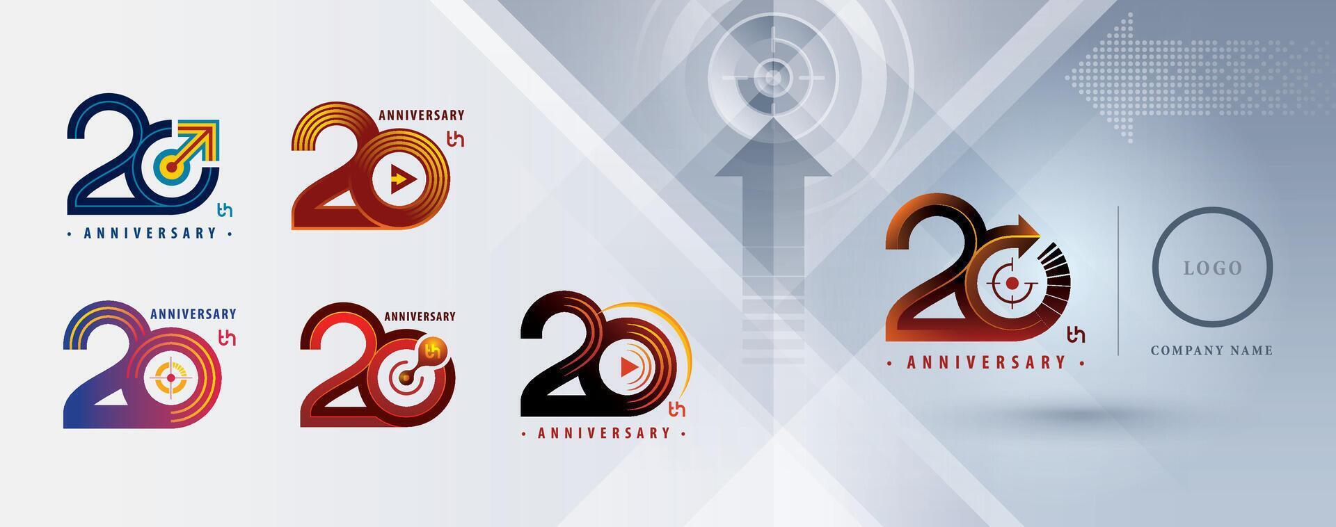 uppsättning av 20:e årsdag logotyp design, tjugo år fira årsdag logotyp flera olika linje för firande händelse, spela pil, mål tecken logotyp, vektor