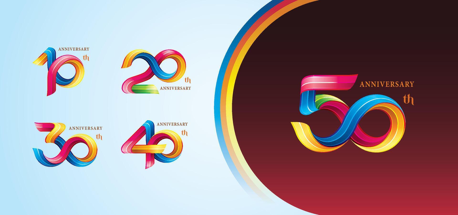 einstellen von 10 zu 50 Jahre Jahrestag bunt Logo Design, 10,20,30,40,50 Jahr, abstrakt Twist Unendlichkeit mehrere Linie bunt. vektor