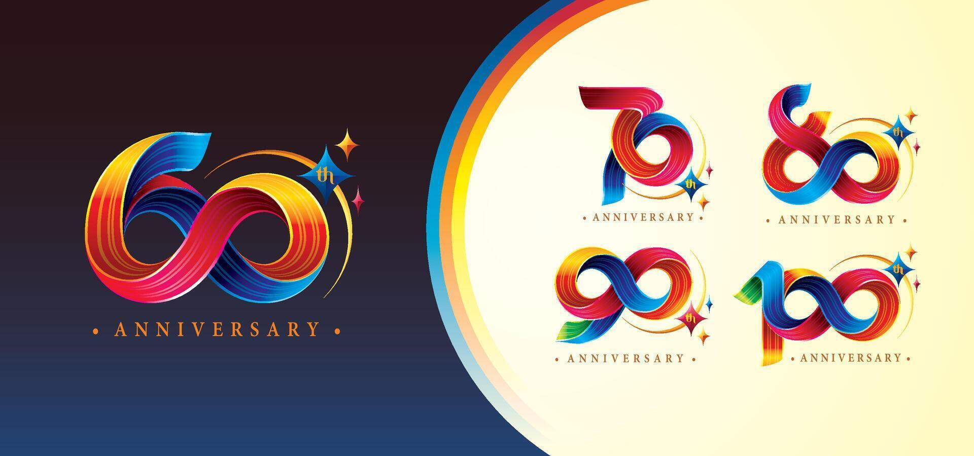 einstellen von 60 zu 100 Jahre Jahrestag bunt Logo Design, 60, 70, 80, 90, 100 Jahr, abstrakt Twist Unendlichkeit mehrere Linie bunt mit Stern. vektor