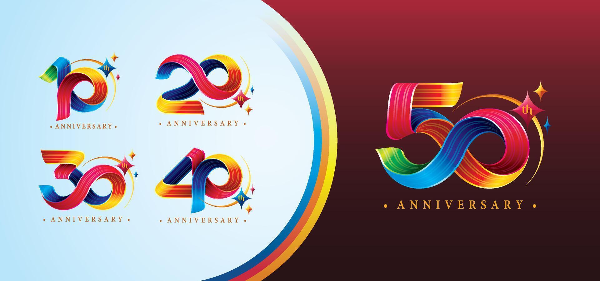 uppsättning av 10 till 50 år årsdag färgrik logotyp design, 10,20,30,40,50 år, abstrakt vrida oändlighet flera olika linje färgrik med stjärna. vektor