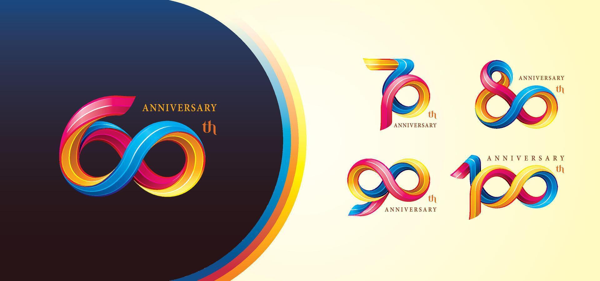einstellen von 60 zu 100 Jahre Jahrestag bunt Logo Design, 60, 70, 80, 90, 100 Jahr, abstrakt Twist Unendlichkeit mehrere Linie bunt. vektor