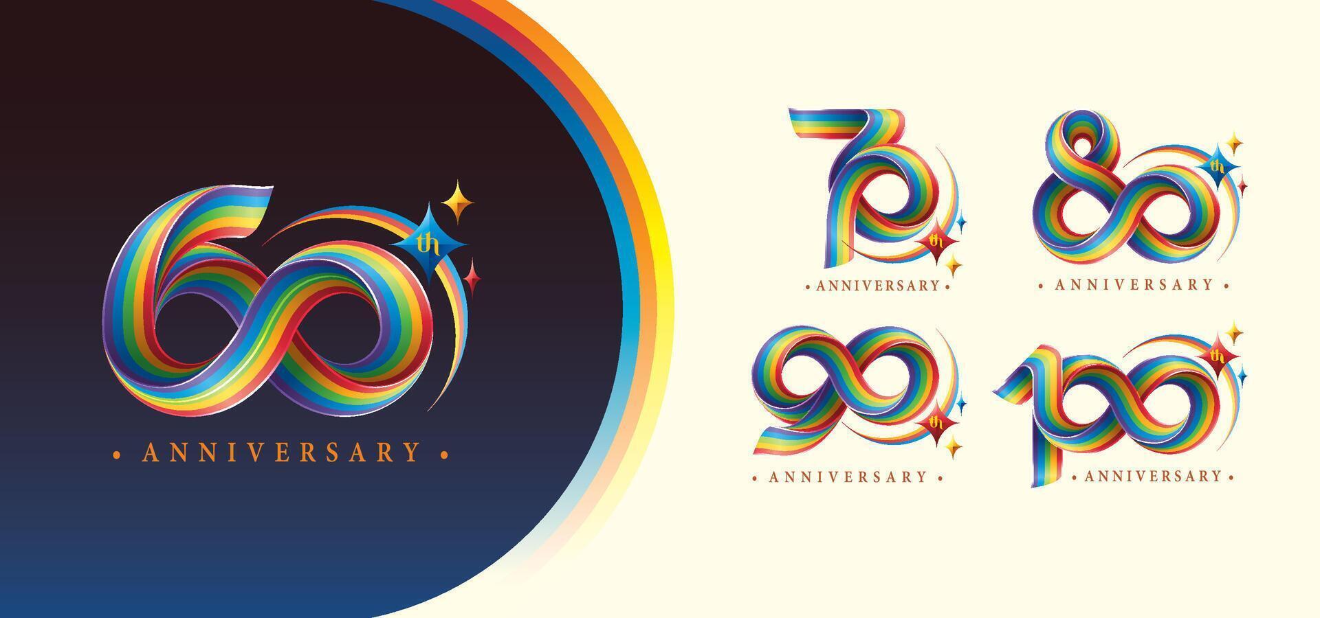 einstellen von 60 zu 100 Jahre Jahrestag bunt Logo Design, 60, 70, 80, 90, 100 Jahr, abstrakt Twist Unendlichkeit mehrere Linie Regenbogen mit Stern. vektor