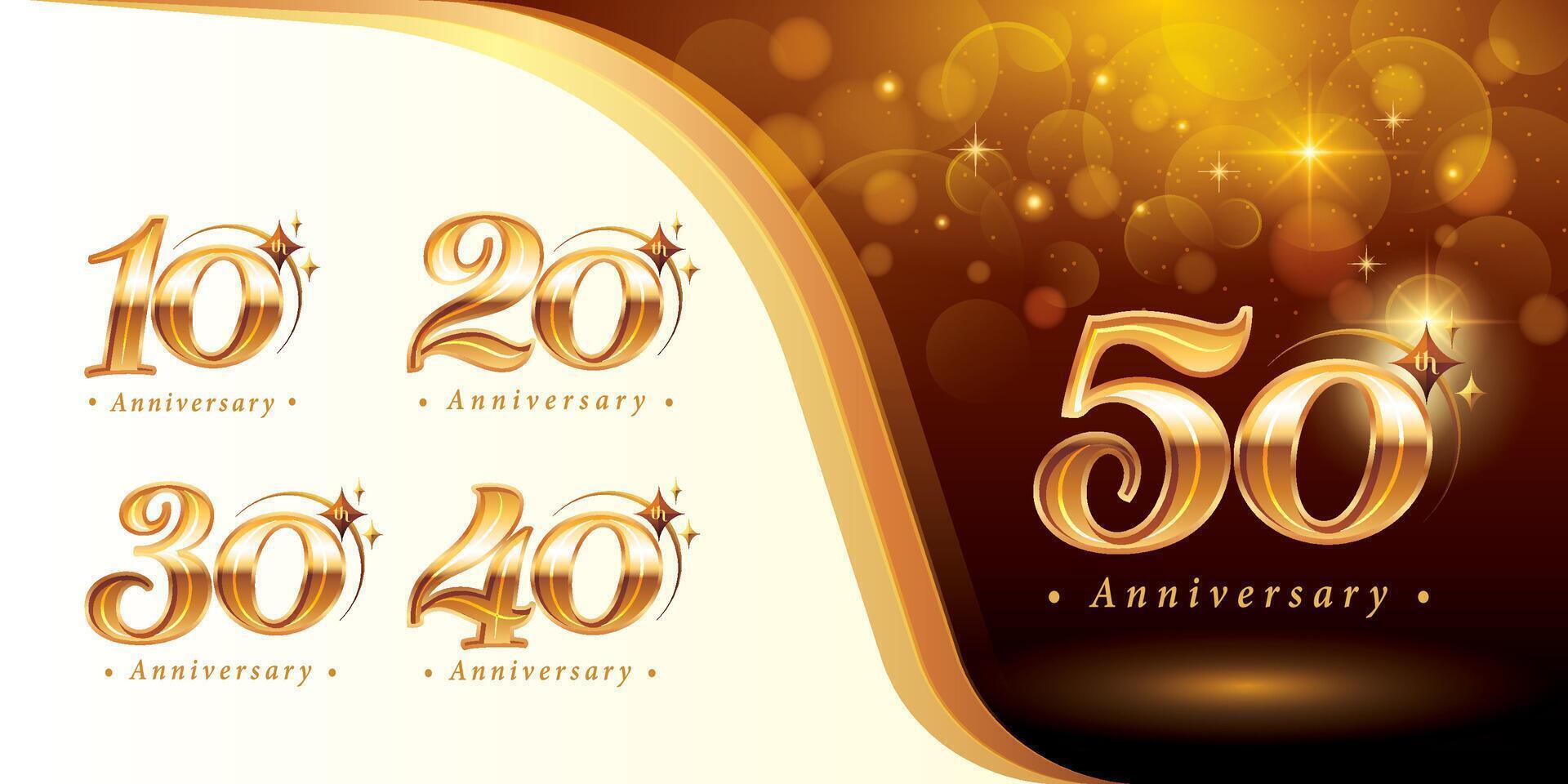 einstellen von 10 zu 50 Jahre Jahrestag Logo Design, zehn zu fünfzig Jahre feiern Jahrestag Logo, golden elegant klassisch Logo mit Stern, vektor