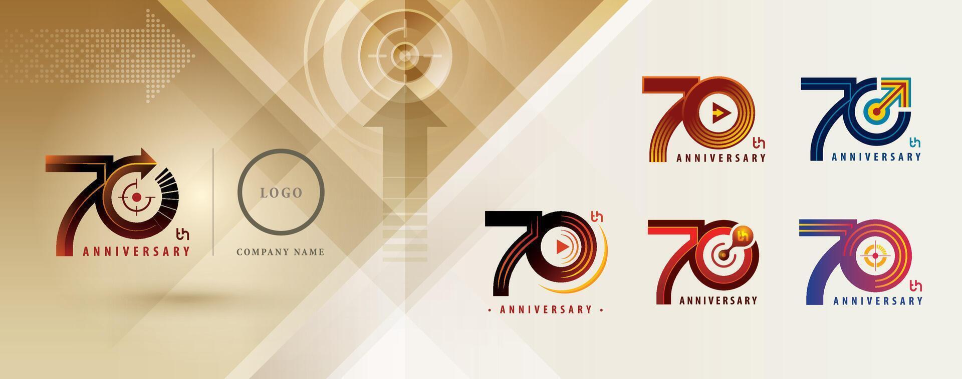 einstellen von 70 .. Jahrestag Logo Design, siebzig Jahre feiern Jahrestag Logo mehrere Linie zum Feier Fall, abspielen Pfeil, Ziel Zeichen Logo, vektor