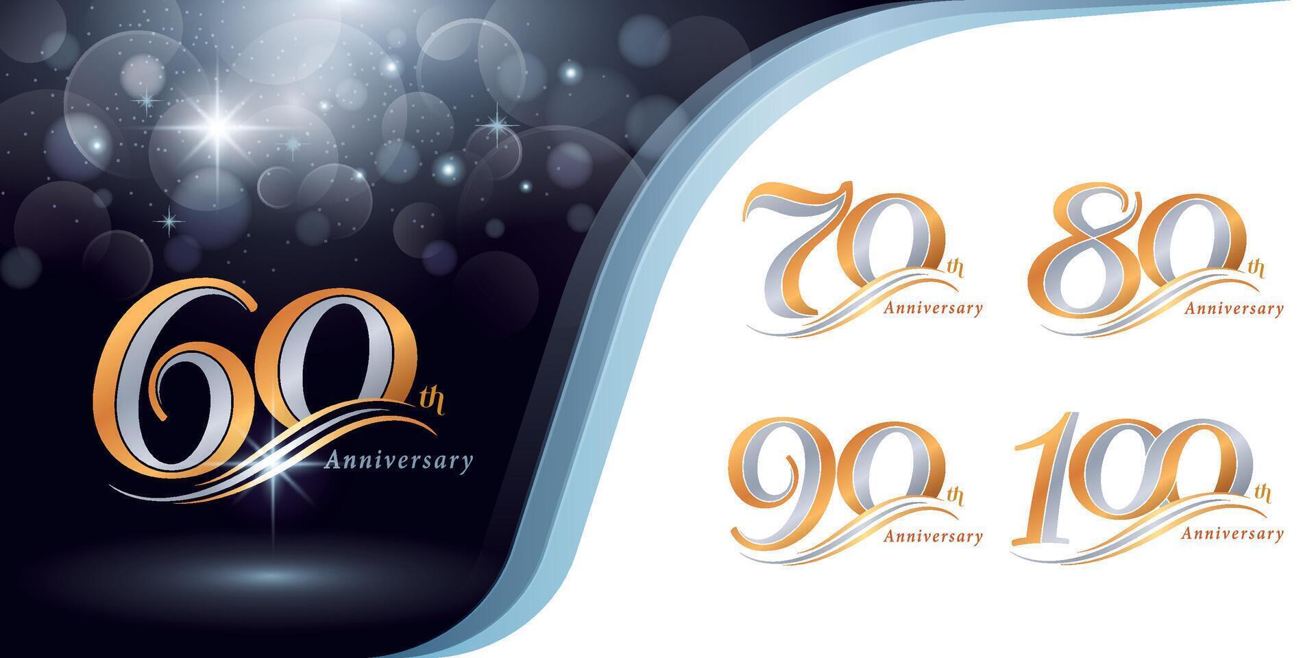uppsättning av 60 till 100 år årsdag logotyp design, sextio till hundra år fira årsdag logotyp, silver- och guld elegant klassisk logotyp firande, vektor