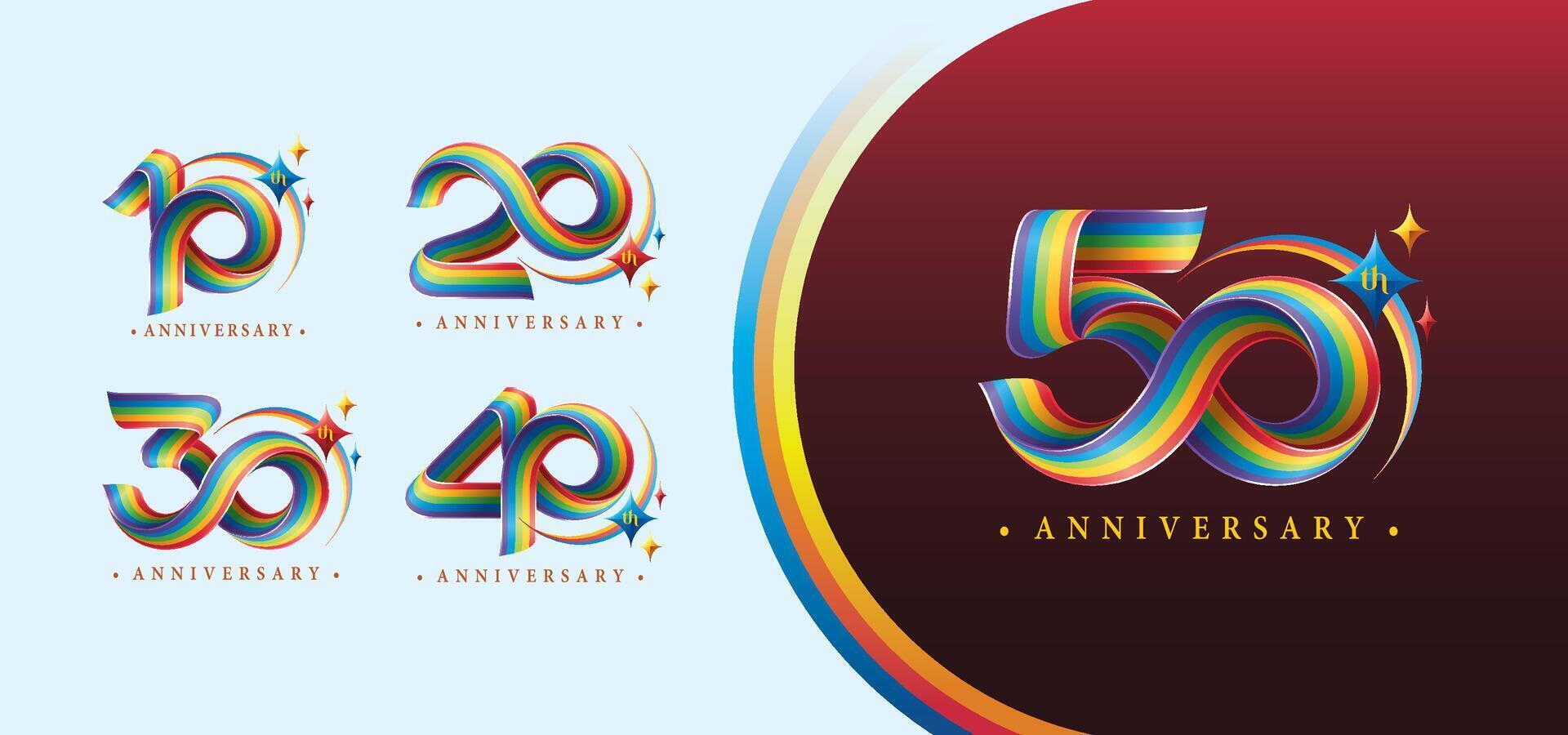 einstellen von 10 zu 50 Jahre Jahrestag bunt Logo Design, 10,20,30,40,50 Jahr, abstrakt Twist Unendlichkeit mehrere Linie Regenbogen mit Stern. vektor