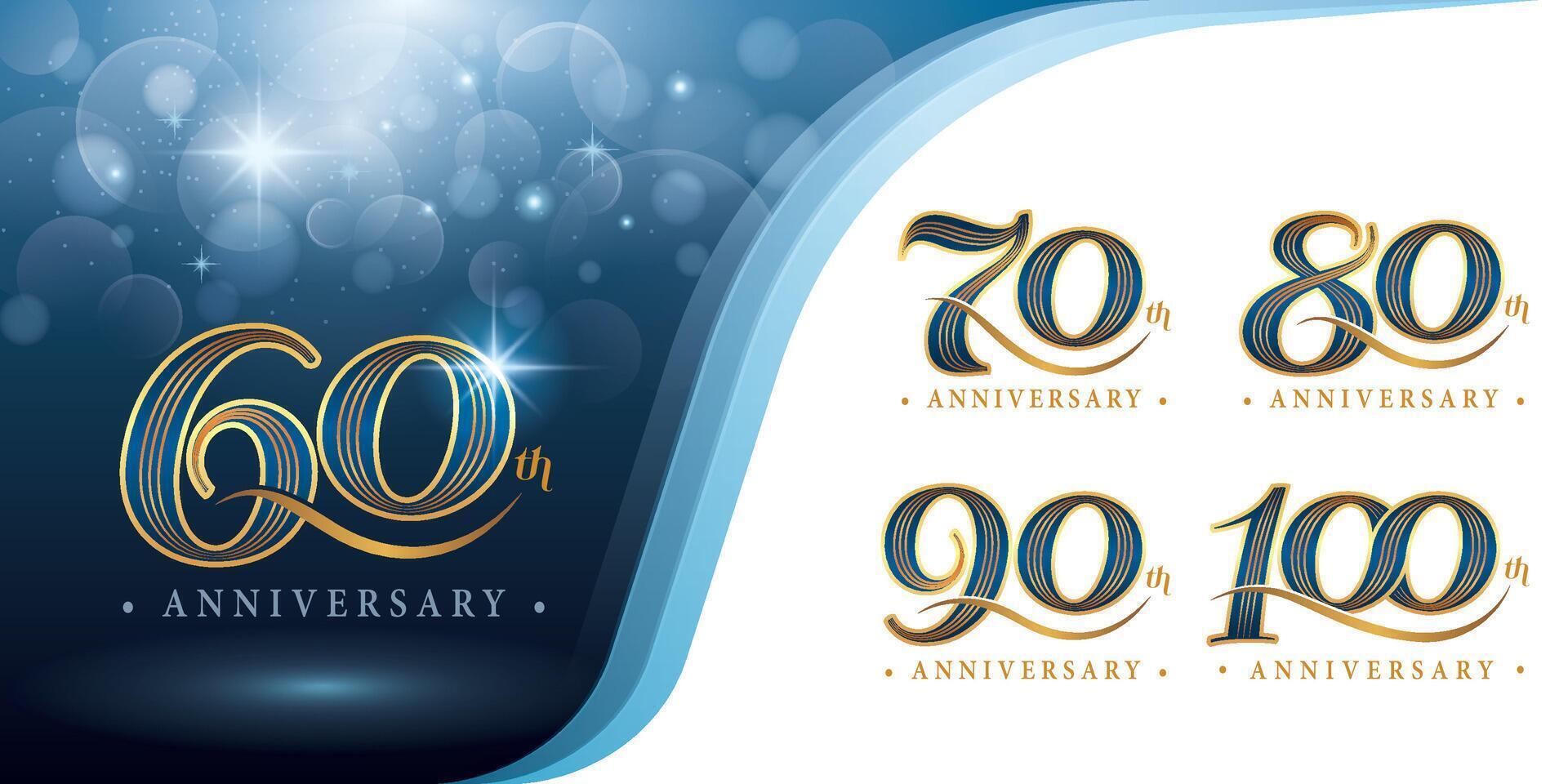 uppsättning av 60 till 100 år årsdag logotyp design, sextio till hundra år fira årsdag logotyp, blå och guld elegant klassisk logotyp firande vektor