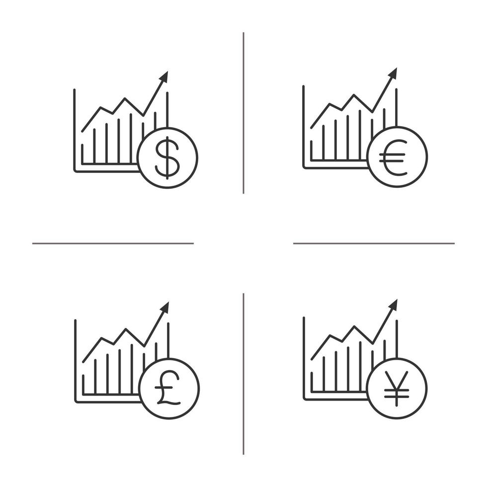 marknadstillväxt diagram linjära ikoner set. statistik diagram med pund, dollar, euro, yen tecken. tunn linje kontursymboler. isolerade vektor kontur illustrationer