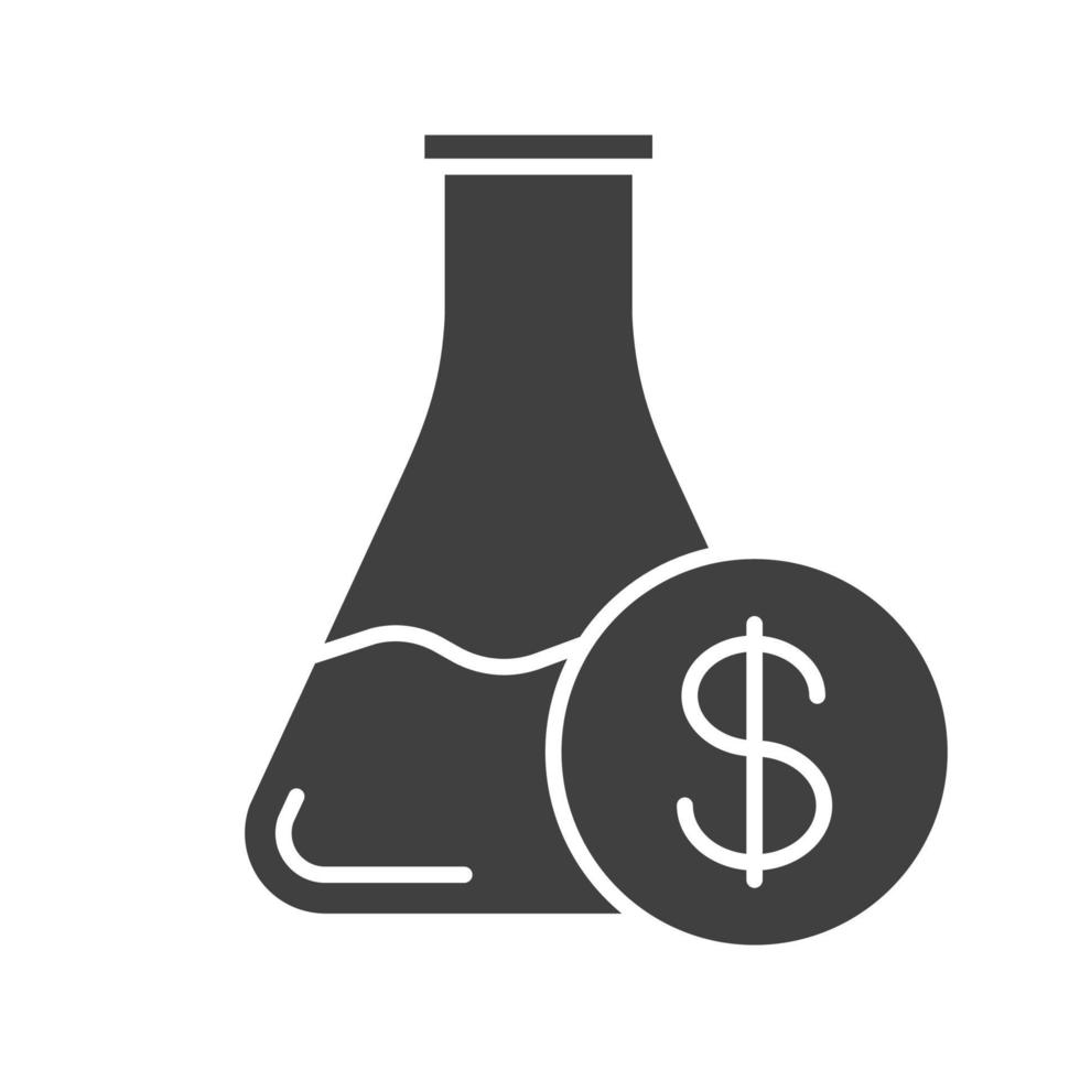 forskning pris glyfikon. siluett symbol. kemisk labbbägare med dollartecken. negativt utrymme. vektor isolerade illustration