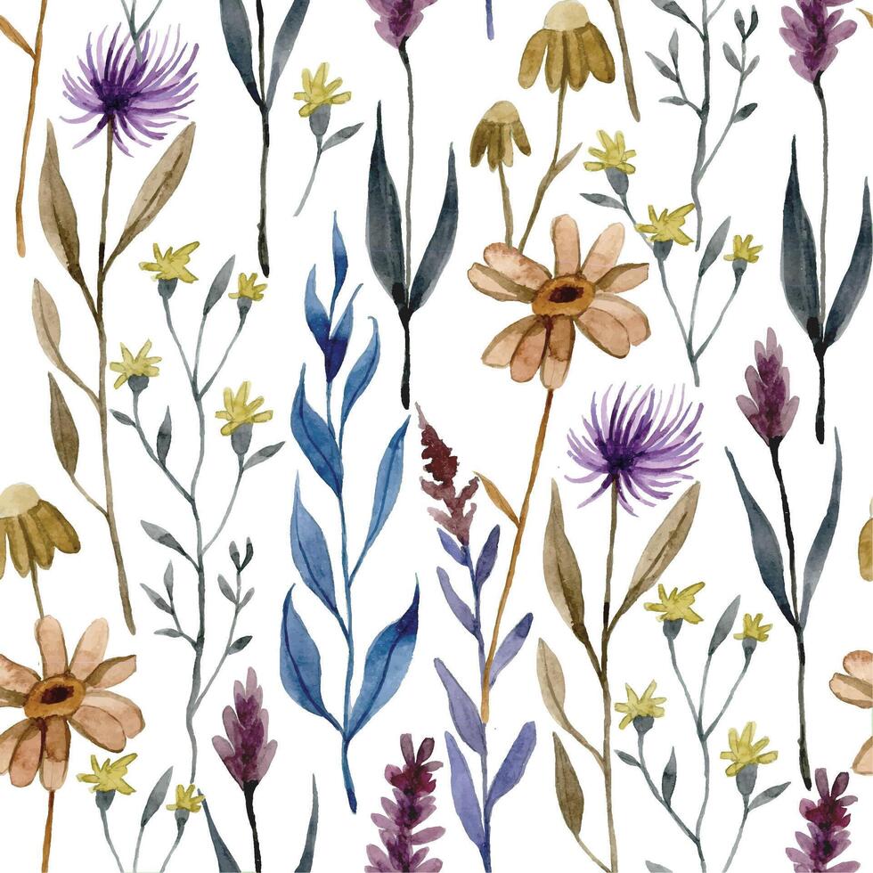 Aquarell Zeichnung, nahtlos Muster von trocken Wildblumen, Kräuter und Blätter. Herbst Herbarium, Boho vektor