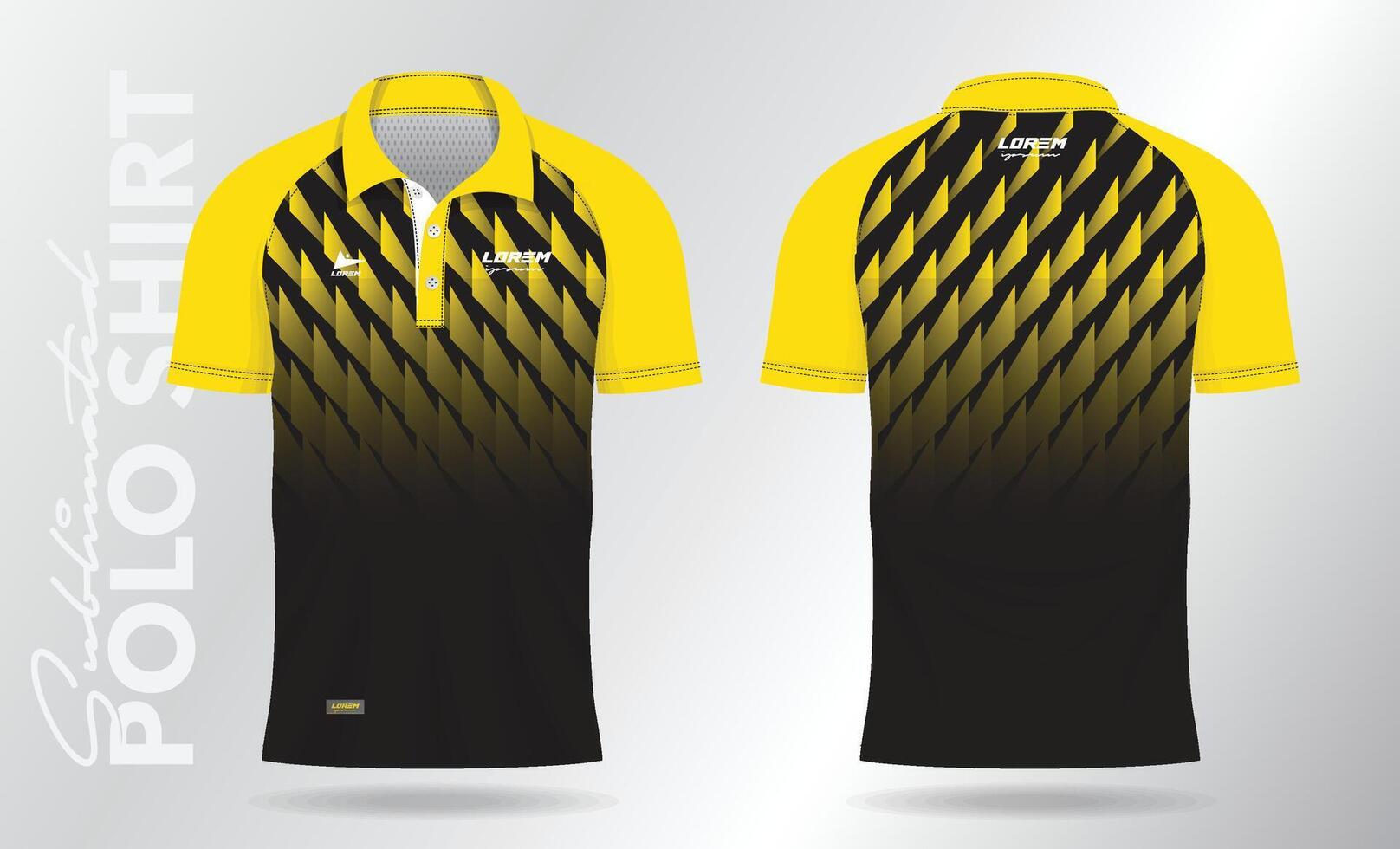 Gelb Polo Hemd Jersey Attrappe, Lehrmodell, Simulation Vorlage Design. Sport Uniform im Vorderseite Sicht, zurück Sicht. vektor