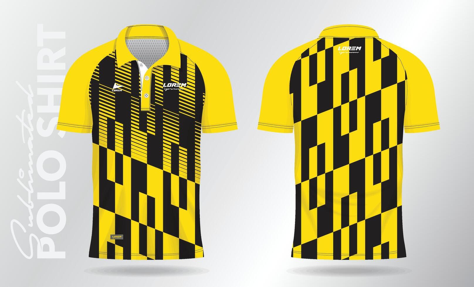 Gelb Polo Hemd Jersey Attrappe, Lehrmodell, Simulation Vorlage Design. Sport Uniform im Vorderseite Sicht, zurück Sicht. vektor