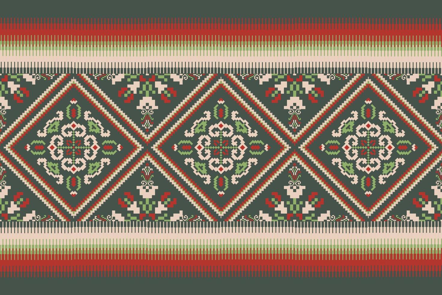 geometrisch ethnisch orientalisch Muster Vektor Illustration.floral Pixel Kunst Stickerei auf Grün Hintergrund, Azteken Stil, abstrakt hintergrund.design zum Textur, Stoff, Kleidung, Verpackung, Dekoration, Schal, Druck