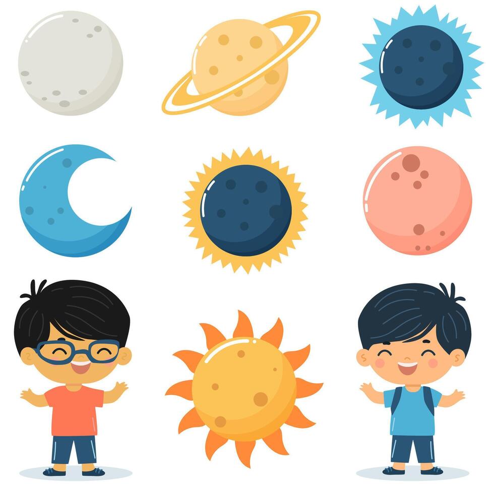 einstellen von Solar- System, Sonne, Mond, Planeten. Baby Illustration im eben Stil vektor