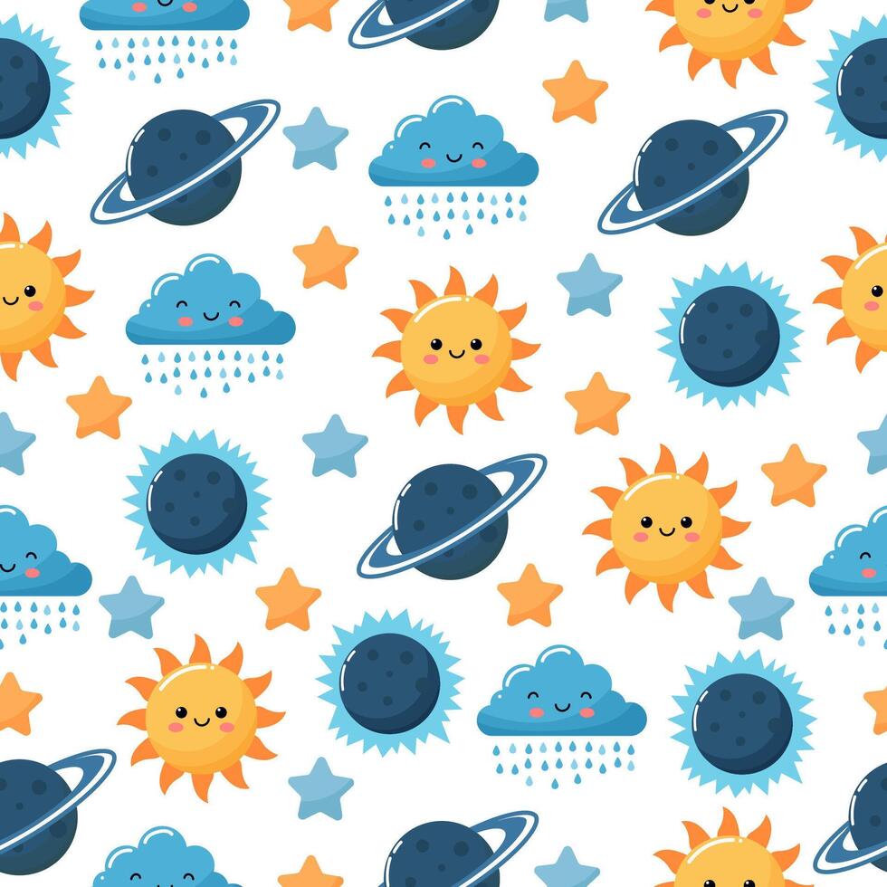 mönster av de sol- systemet, Sol, måne, planeter. bebis illustration i platt stil vektor