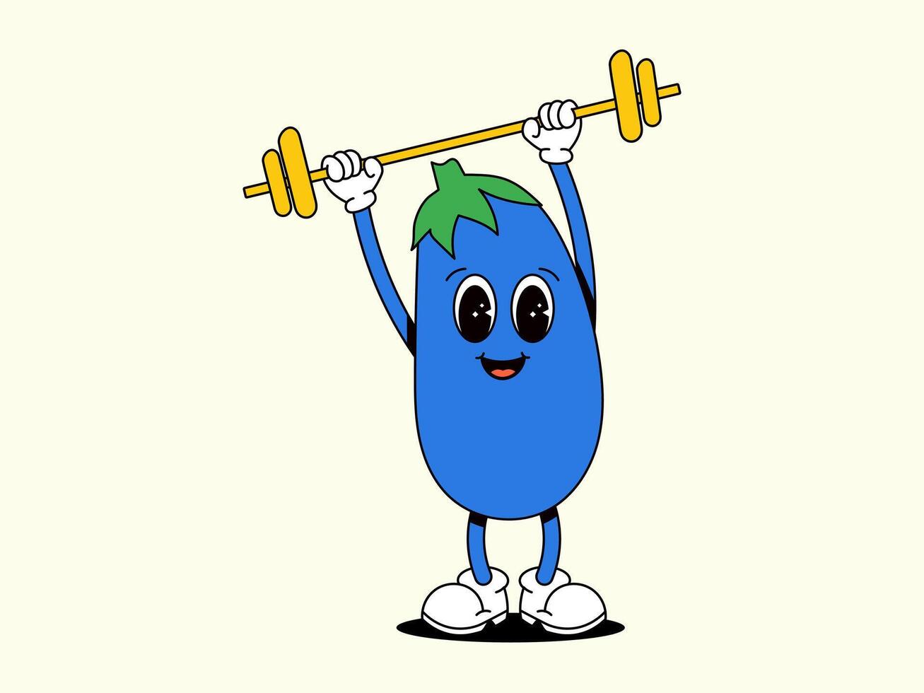 Sport Aubergine mit Hanteln. Blau Rille Gemüse. Charakter von gesund Lebensmittel. retro Vektor Illustration