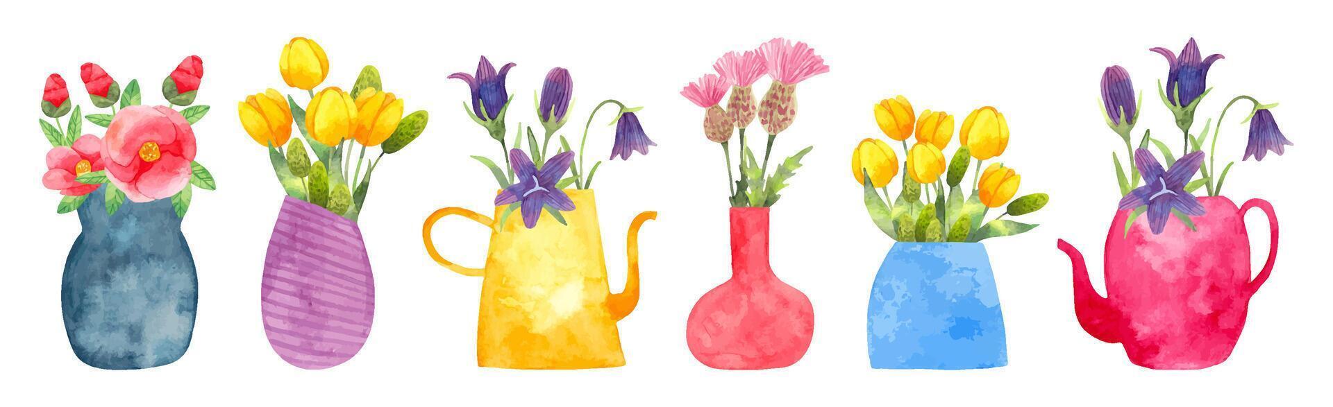 einstellen von Blumen im ein Vase.japanisch Kamelie, Tulpen, Glockenblume, Distel.Aquarell abbildung.hand gezeichnet einfach stilisiert Stil. botanisch Garten Clip Art zum einfach und elegant Design. Vektor