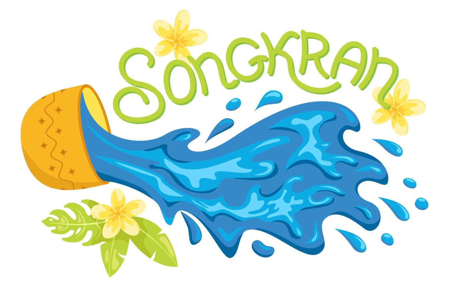 Songkran Wasser Festival. Blau Wasser spritzt aus von ein golden Schüssel mit Beschriftung Design. Thailand Neu Jahre Tag. horizontal Banner Design zum Einladung, Karte, Flyer, Broschüre, Netz zum Veranstaltung vektor